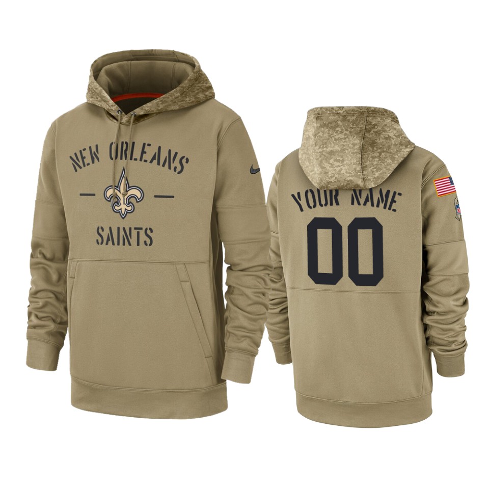 Men's New Orleans Saints Customized Tan 2019 Salute To Service Sideline Therma Pullover Hoodie (Check description if you want Women or Youth size)