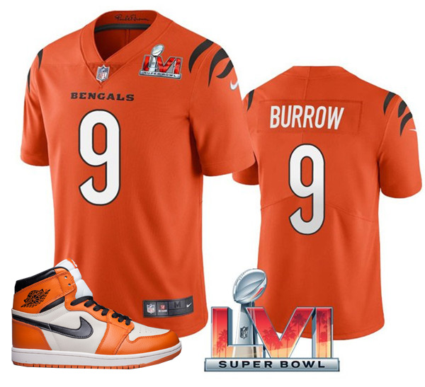 Nike Bengals 9 Joe Burrow Black 2022 Super Bowl LVI With C Patch