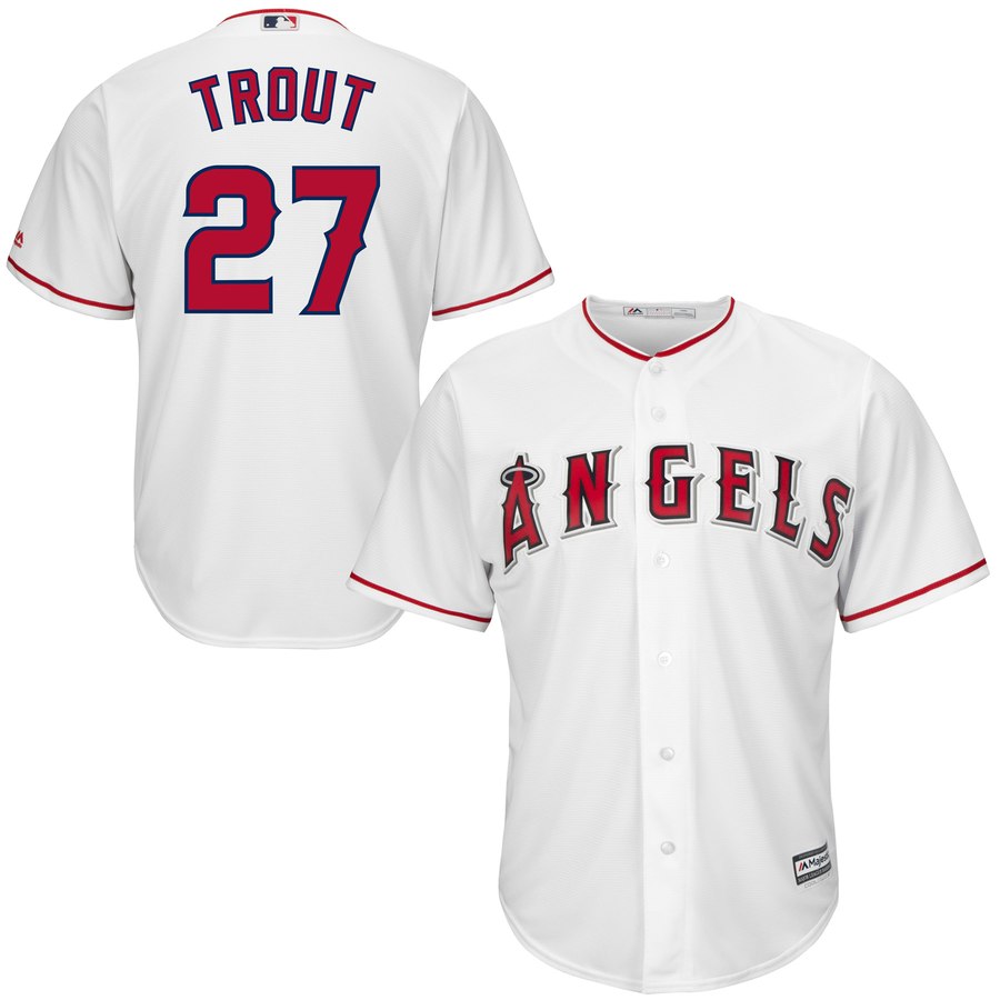 Men's Los Angeles Angels #27 Mike Trout "Kiiiiid" White Cool Base Stitched MLB Jersey