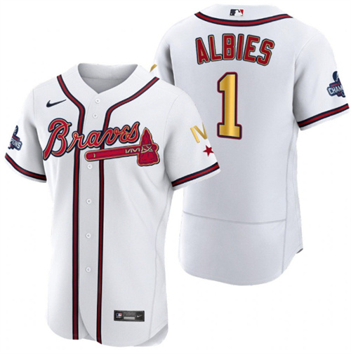 Men's Atlanta Braves #1 Ozzie Albies White Gold World Series Champions ...
