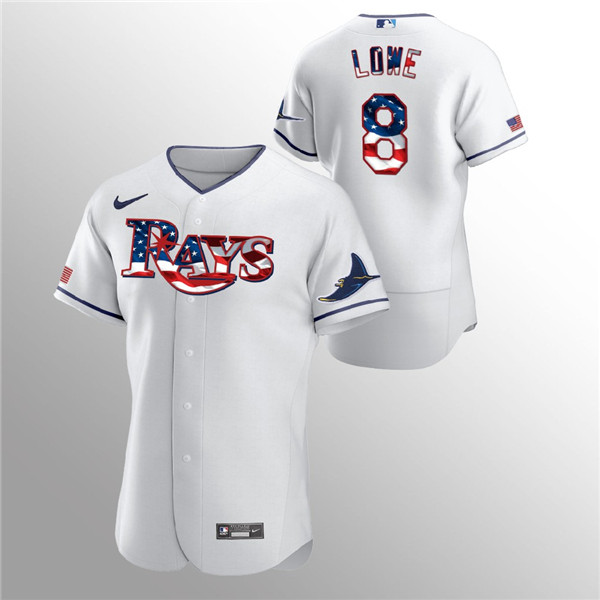 Men's Tampa Bay Rays White #8 Brandon Lowe 2020 Stars & Stripes Flex Base Stitched MLB Jersey