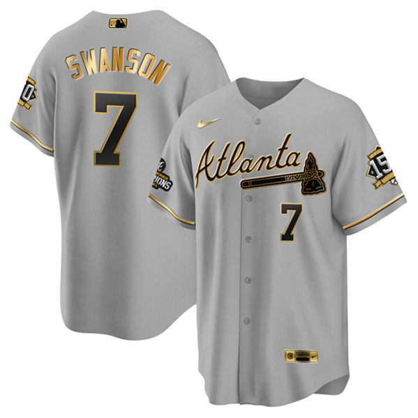 Men's Atlanta Braves #7 Dansby Swanson 2021 Gray/Gold World Series ...