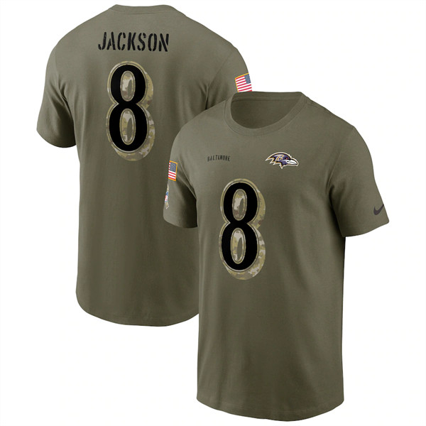 Men's Baltimore Ravens #8 Lamar Jackson 2022 Olive Salute to Service T ...