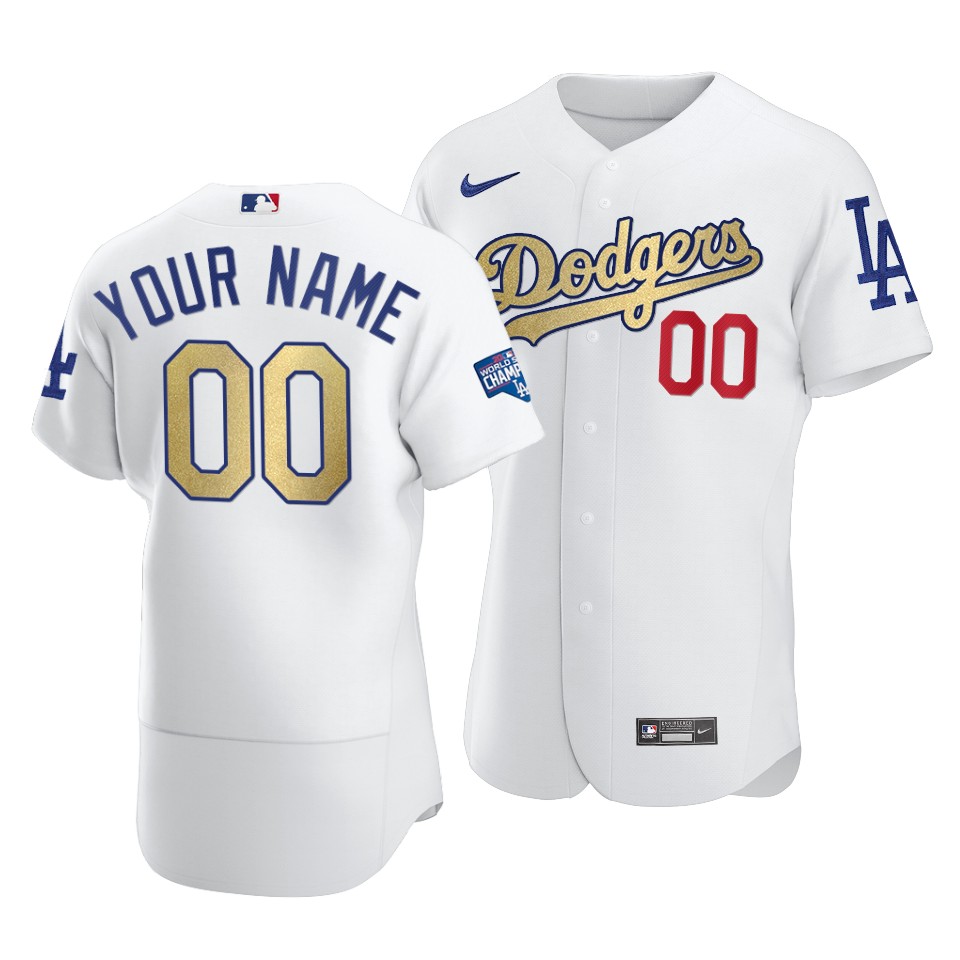 Men's Los Angeles Dodgers Customized White Gold 2020 World Series Champions Patch Stitched MLB Jersey