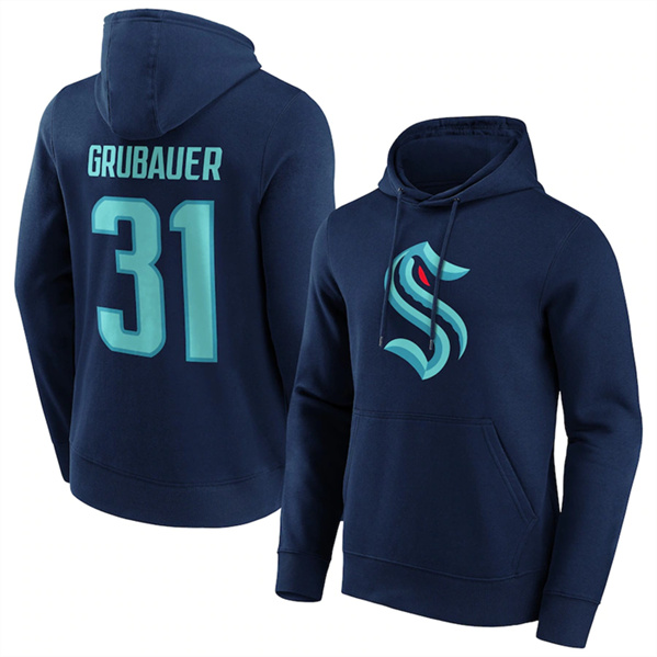 Men's Seattle Kraken #31 Philipp Grubauer Navy Pullover Hoodie [NHL ...