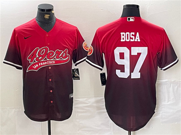 Men's San Francisco 49ers #97 Nick Bosa Red/Black With Patch Cool Base Baseball Stitched Jersey