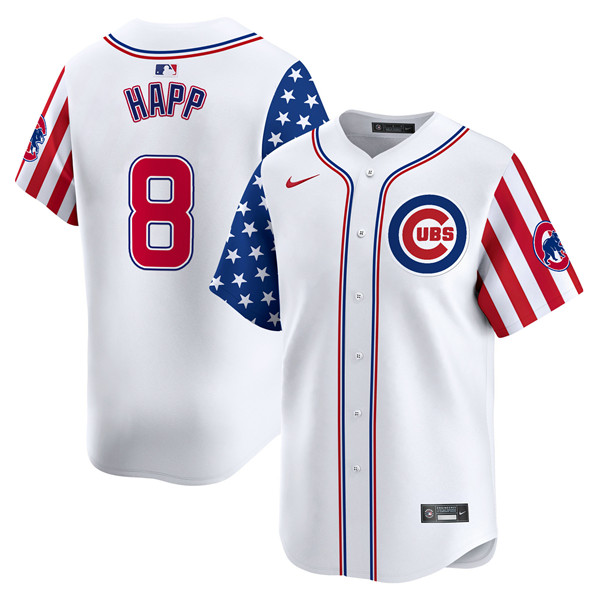 Men's Chicago Cubs #8 Ian Happ White 2024 Independence Day Vapor Limited Stitched Baseball Jersey