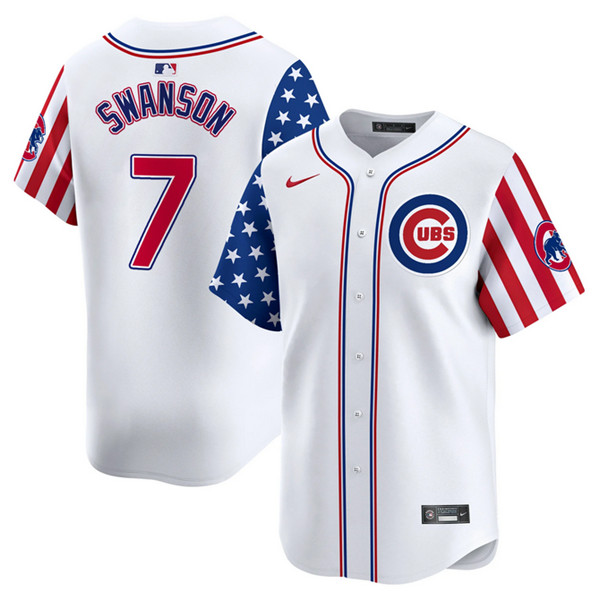 Men's Chicago Cubs #7 Dansby Swanson White 2024 Independence Day Vapor Limited Stitched Baseball Jersey