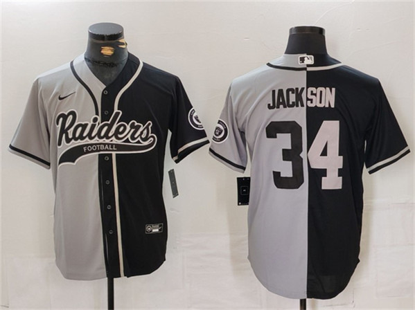 Men's Las Vegas Raiders #34 Bo Jackson Gray/Black Split Cool Base Baseball Stitched Jersey