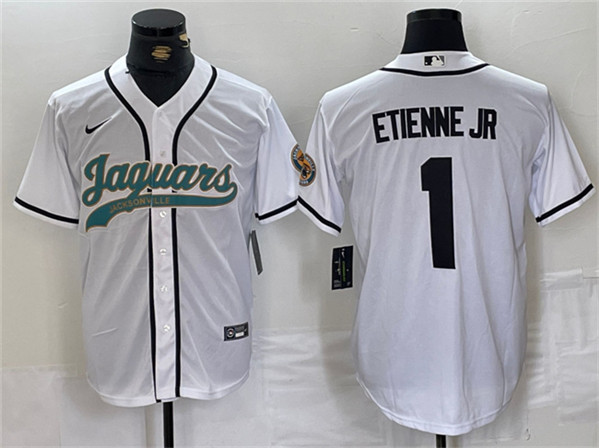 Men's Jacksonville Jaguars #1 Travis Etienne Jr. White With Patch Cool Base Baseball Stitched Jersey