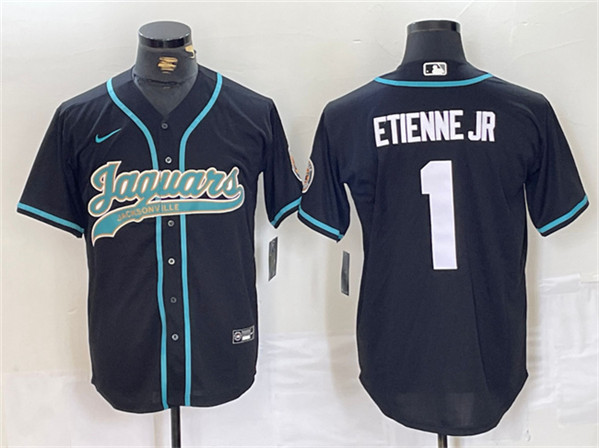 Men's Jacksonville Jaguars #1 Travis Etienne Jr. Black With Patch Cool Base Baseball Stitched Jersey