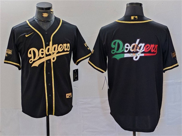 Men's Los Angeles Dodgers Team Big Logo Black Gold World Series Champions Cool Base With Patch Stitched Baseball Jersey