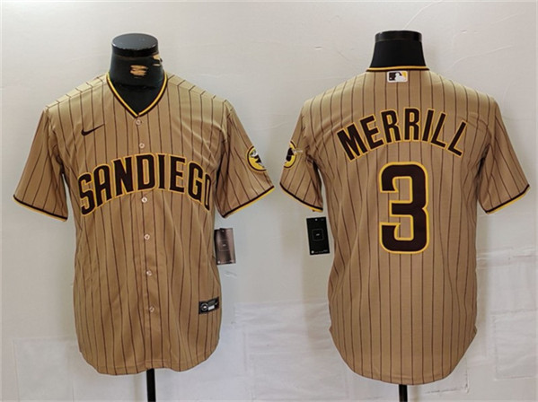 Men's San Diego Padres #3 Jackson Merrill Tan Cool Base Stitched Baseball Jersey