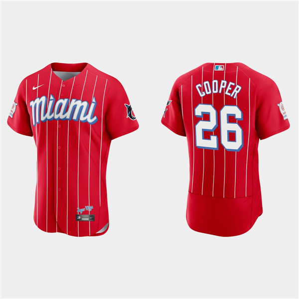 Men's Miami Marlins #26 Garrett Cooper Red 2021 City Connect Flex Base ...