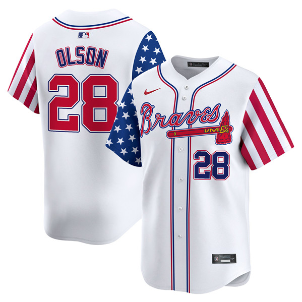 Men's Atlanta Braves #28 Matt Olson White 2024 Independence Day Vapor Limited Stitched Baseball Jersey
