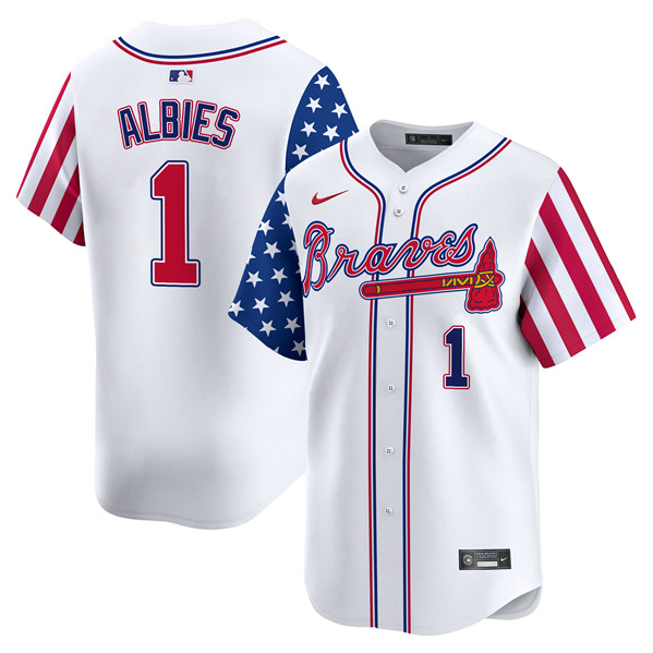 Men's Atlanta Braves #1 Ozzie Albies White 2024 Independence Day Vapor Limited Stitched Baseball Jersey