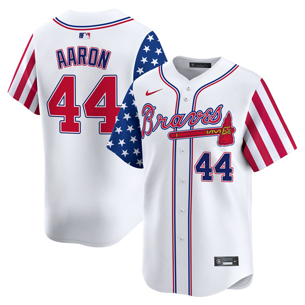 Men's Atlanta Braves #44 Hank Aaron White 2024 Independence Day Vapor Limited Stitched Baseball Jersey