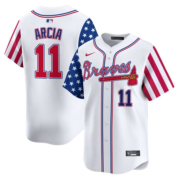 Men's Atlanta Braves #11 Orlando Arcia White 2024 Independence Day Vapor Limited Stitched Baseball Jersey