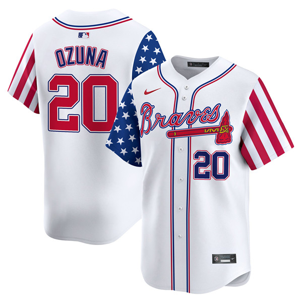 Men's Atlanta Braves #20 Marcell Ozuna White 2024 Independence Day Vapor Limited Stitched Baseball Jersey
