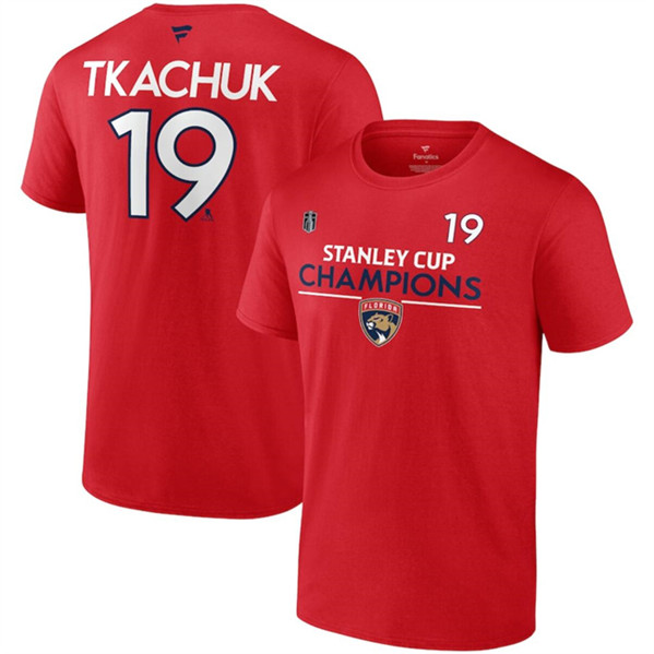 Men's Florida Panthers #19 Matthew Tkachuk Red 2024 Stanley Cup Champions Champions Pro Name & Number T-Shirt