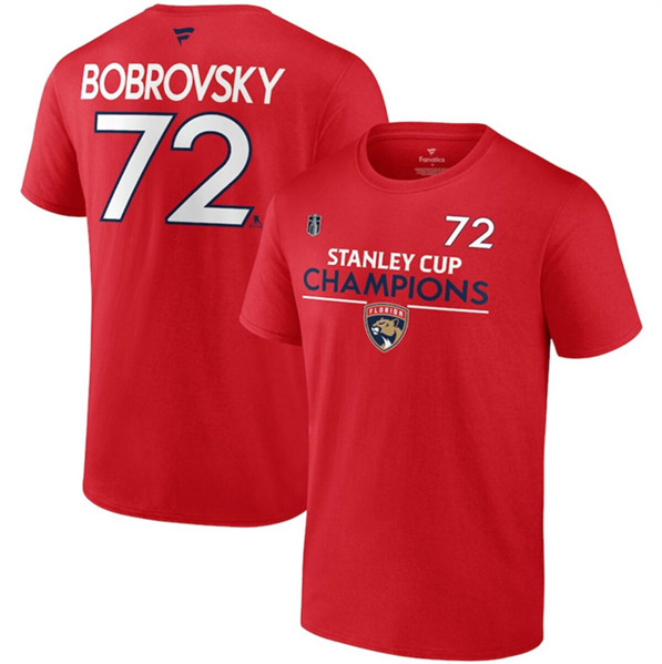 Men's Florida Panthers #72 Sergei Bobrovsky Red 2024 Stanley Cup Champions Champions Pro Name & Number T-Shirt