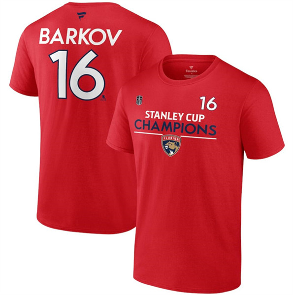 Men's Florida Panthers #16 Aleksander Barkov Red 2024 Stanley Cup Champions Champions Pro Name & Number T-Shirt