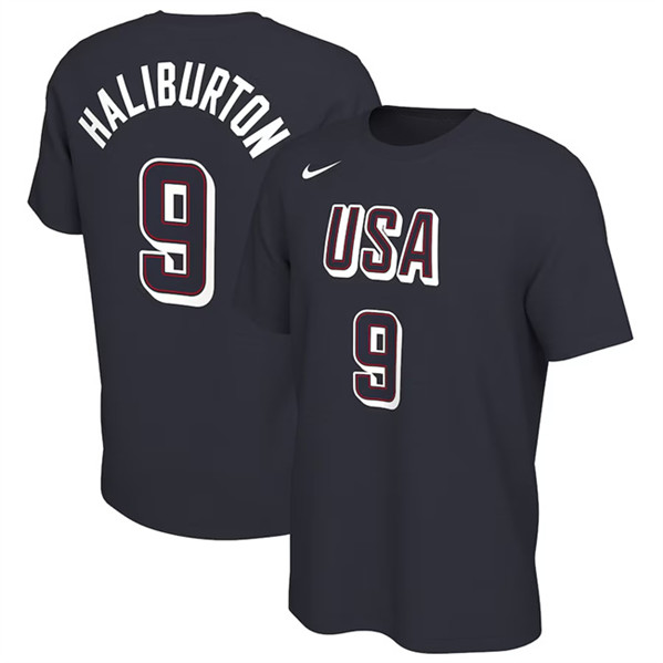 Men's USA Basketball #9 Tyrese Haliburton 2024 Navy T-Shirt(Run Small)