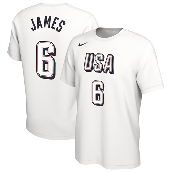 Men's USA Basketball #6 LeBron James 2024 White T-Shirt(Run Small)