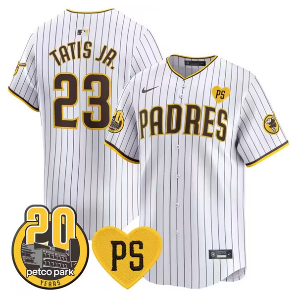 Men's San Diego Padres #23 Fernando Tatis Jr. White “For Peter” And Petco Park 20th Patch Limited Baseball Stitched Jersey