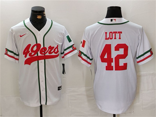 Men's San Francisco 49ers #42 Ronnie Lott White With Patch Cool Base Baseball Stitched Jersey