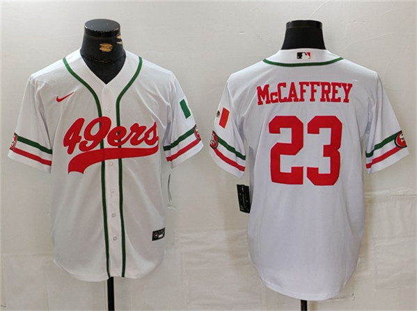 Men's San Francisco 49ers #23 Christian McCaffrey White With Patch Cool Base Baseball Stitched Jersey