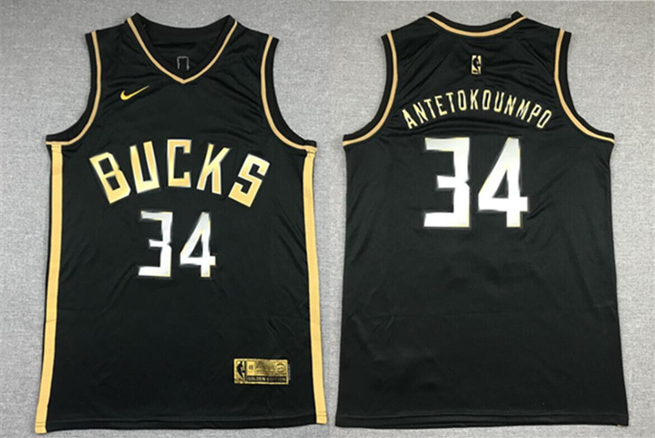 Men's Milwaukee Bucks #34 Giannis Antetokounmpo Black Gold Edition NBA ...