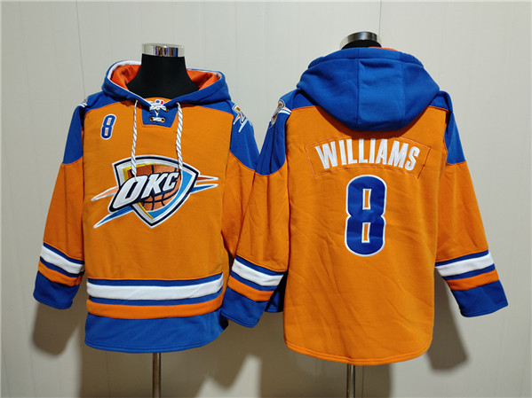 Men's Oklahoma City Thunder #8 Jalen Williams Orange/Blue Lace-Up Pullover Hoodie