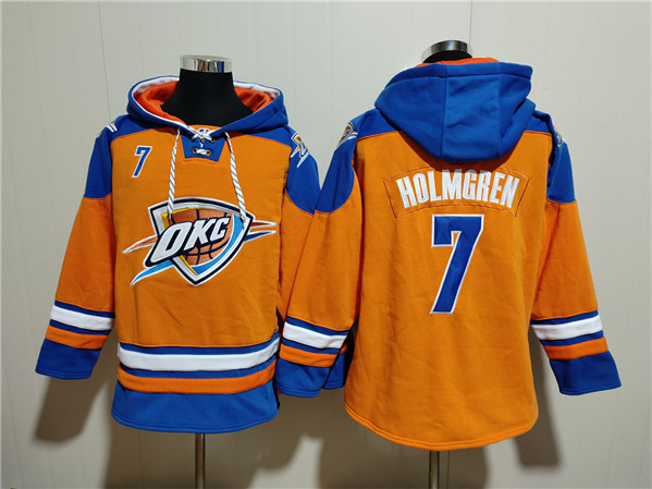Men's Oklahoma City Thunder #7 Chet Holmgren Orange/Blue Lace-Up Pullover Hoodie