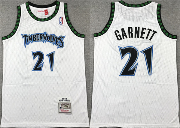 Men's Minnesota Timberwolves #21 Kevin Garnett White 1997-98 Throwback Stitched Jersey