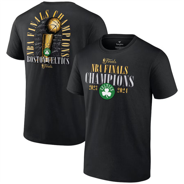 Men's Boston Celtics Black 2024 Finals Champions Fade Away Jumper Roster Signature T-Shirt