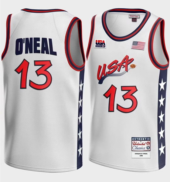 Men's USA Dream Team #13 Shaq O'Neal White Stitched Basketball Jersey