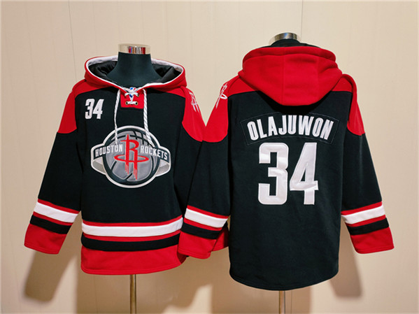 Men's Houston Rockets #34 Hakeem Olajuwon Black/Red Lace-Up Pullover Hoodie
