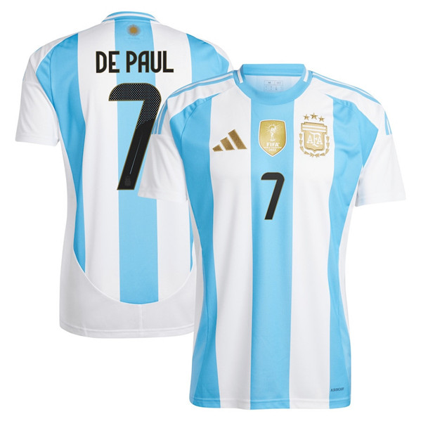 Men's Argentina #7 Rodrigo De Paul 2024 White Home Soccer Jersey