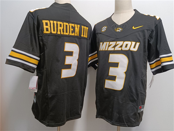 Men's Missouri Tigers #3 Luther Burden III 2023 F.U.S.E. Black Rose Bowl Patch Stitched Jersey