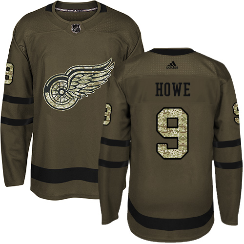 Men's Detroit Red Wings #9 Gordie Howe Green Salute To Service Stitched NHL Jersey