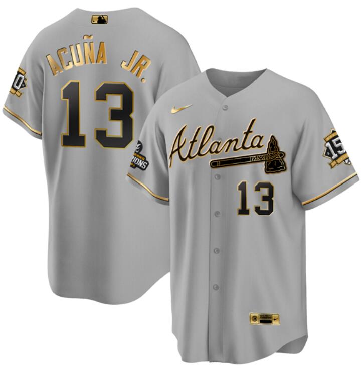 Men's Atlanta Braves ACTIVE PLAYER Custom 2021 Gray/Gold World Series Champions With 150th Anniversary Patch Cool Base Stitched Jersey