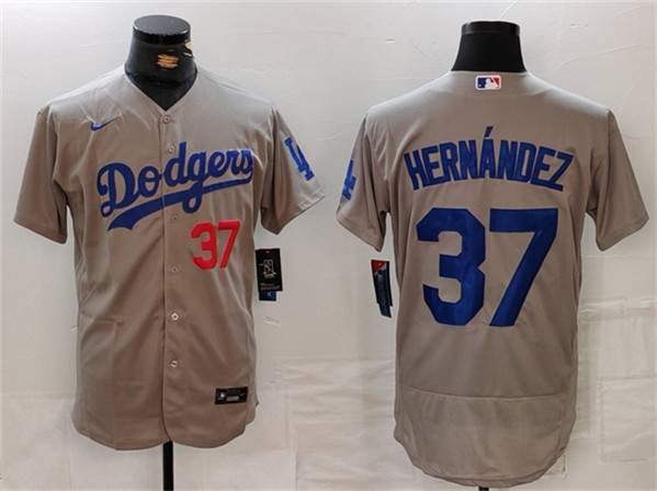 Men's Los Angeles Dodgers #37 Teoscar Hernández Gray Flex Base Stitched Baseball Jersey