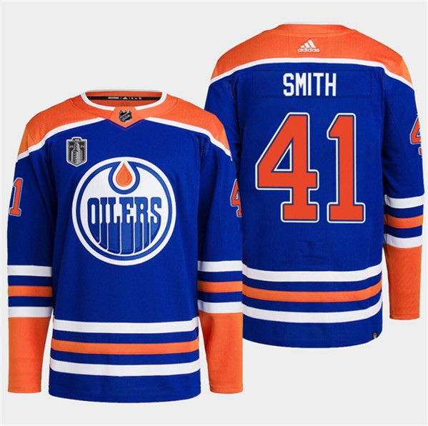 Men's Edmonton Oilers #41 Mike Smith Royal 2024 Stanley Cup Final Patch Stitched Jersey