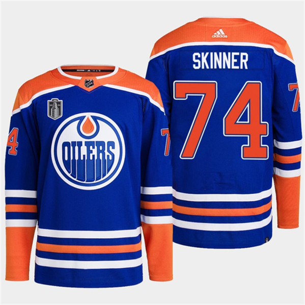 Men's Edmonton Oilers #74 Stuart Skinner Royal 2024 Stanley Cup Final Patch Stitched Jersey