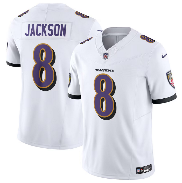 Men's Baltimore Ravens #8 Lamar Jackson White 2023 F.U.S.E Vapor Jersey ...