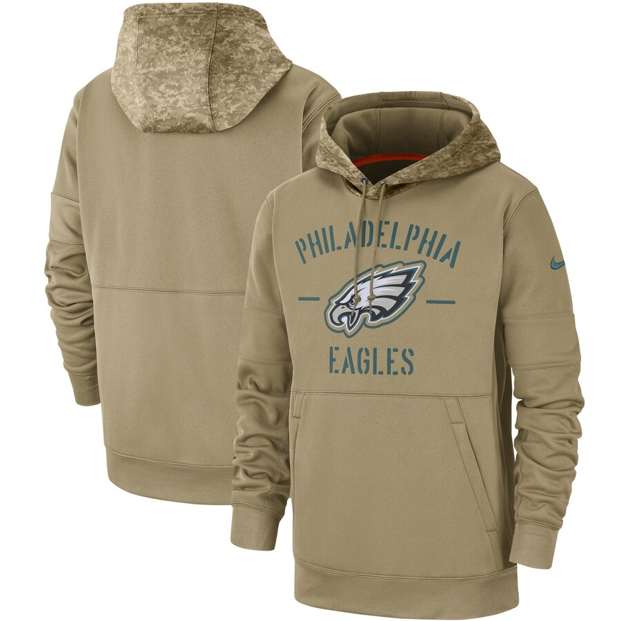 Men's Philadelphia Eagles Tan 2019 Salute To Service Sideline Therma Pullover Hoodie.