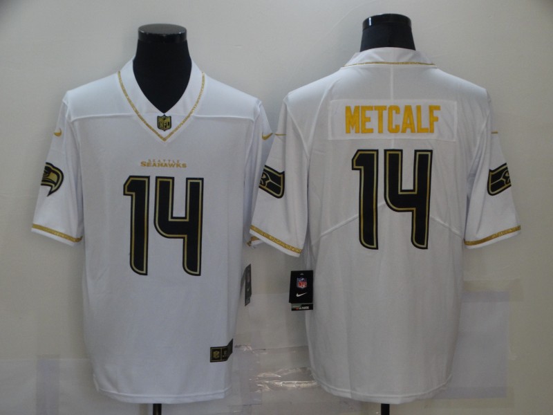 Men's Seattle Seahawks #14 D.K. Metcalf White Golden Limited Stitched NFL Jersey