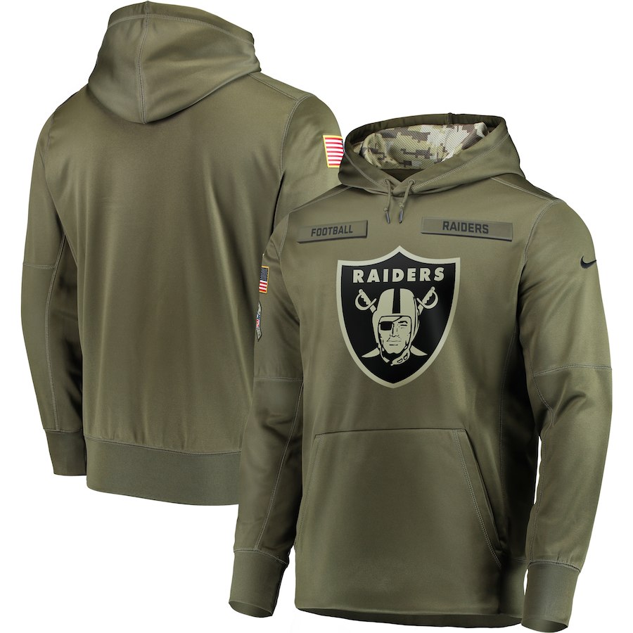 Men's Oakland Raiders 2018 Olive Salute to Service Sideline Therma Performance Pullover Stitched NFL Hoodie