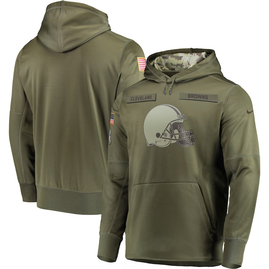 Men's Cleveland Browns 2018 Olive Salute to Service Sideline Therma Performance Pullover Stitched NFL Hoodie